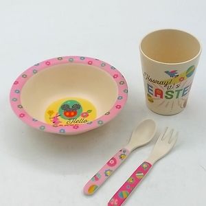 Disney Bamboo Mickey Mouse. Happy Easter complete bowl, cup and fork set.